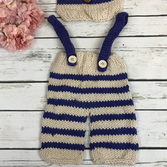 Newborn Baby Hand Knit Blue & Khaki Outfit Photography Prop - Picture 6 of 11